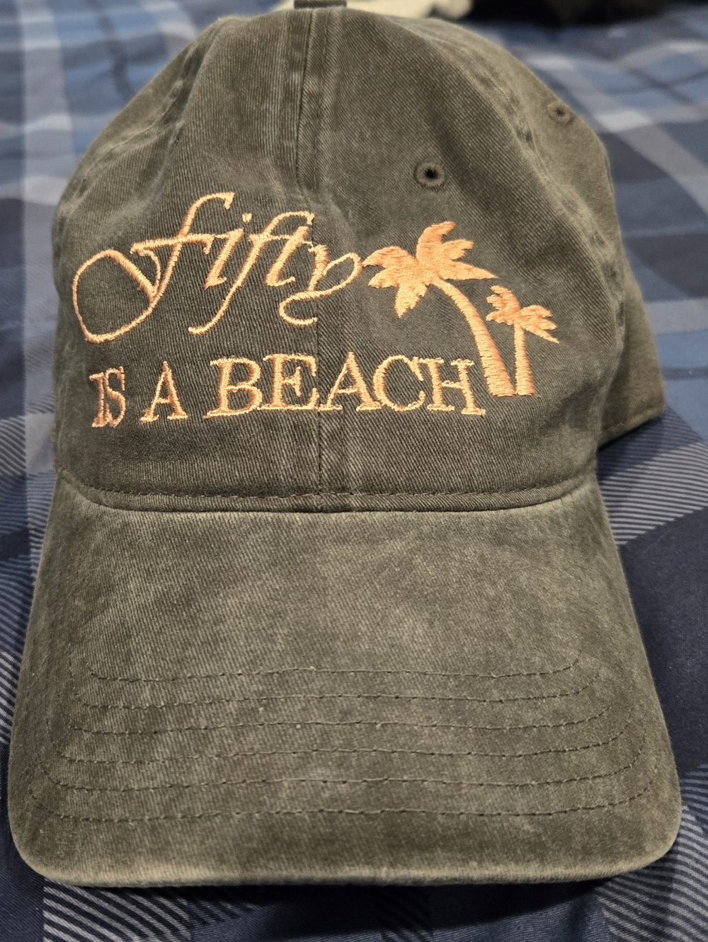 'Fifty Is A Beach' Embroidered Baseball Cap - Gray with Peach Accent